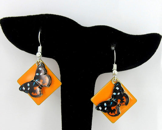 Silver-tone Orange Enamel Butterfly Charm Dangle Earrings