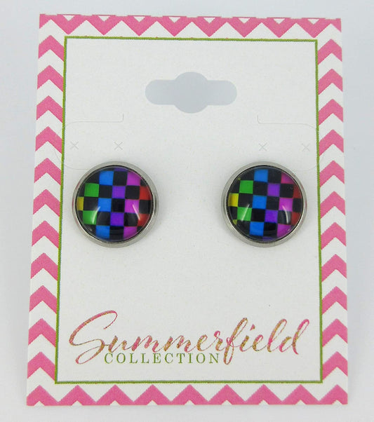 Stainless Steel Rainbow and Black Checkerboard Print Glass Stud Earrings 12mm