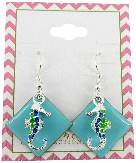 Silver-tone Blue Enamel Seahorse Charm Dangle Earrings