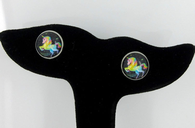 Stainless Steel Rainbow Unicorn Black Print Glass Stud Earrings 12mm