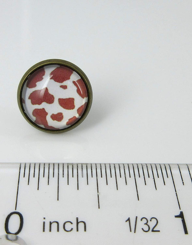 Antiqued Gold-tone Brown Cow Animal Print Glass Stud Earrings 12mm