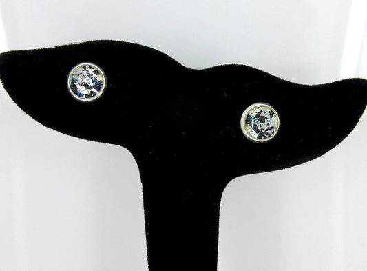 Silver-tone Blue and Black Glitter Glass Stud Earrings Hand-painted 8mm