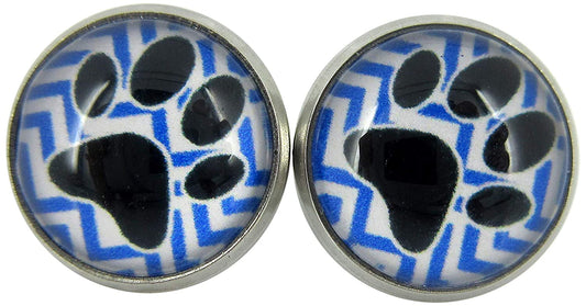 Stainless Steel Chevron and Black Paw Print Glass Stud Earrings 12mm