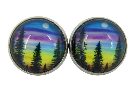 Stainless Steel Forest Rainbow Sunset Print Glass Stud Earrings 12mm