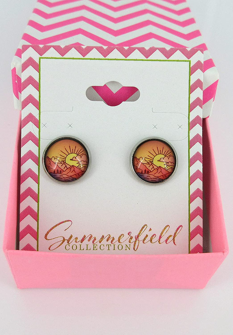 Stainless Steel Vintage Sunrise Print Glass Stud Earrings 12mm