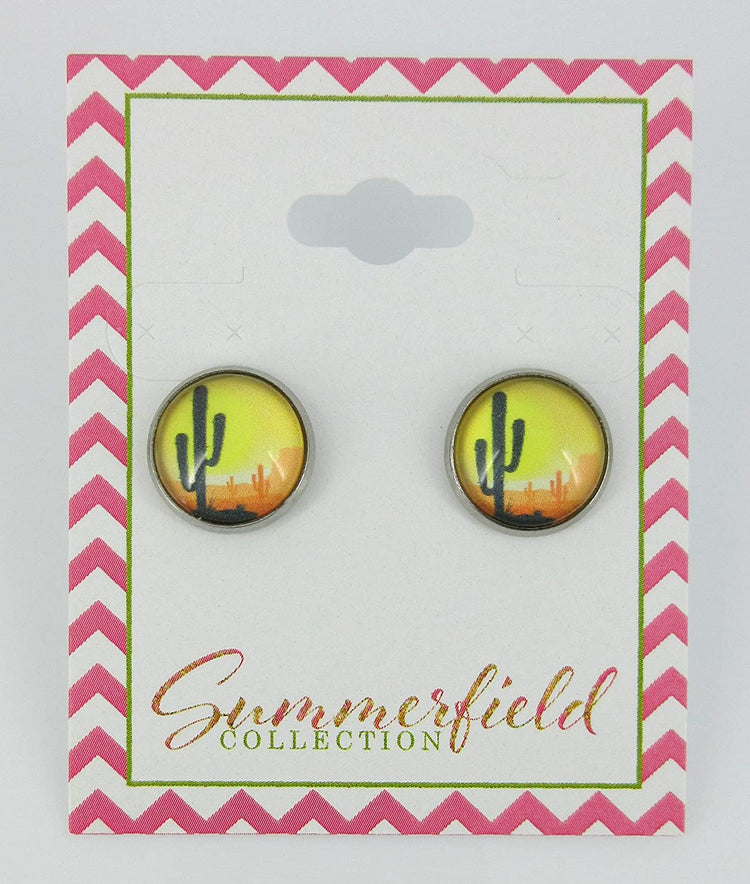 Stainless Steel Vintage Desert Cactus Print Glass Stud Earrings 12mm