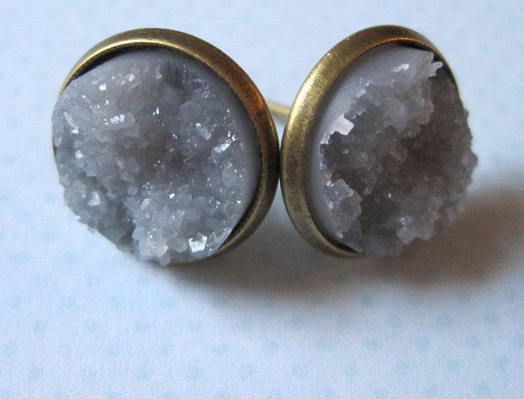 Antiqued Gold-tone Gray Faux Druzy Stone Stud Earrings 12mm