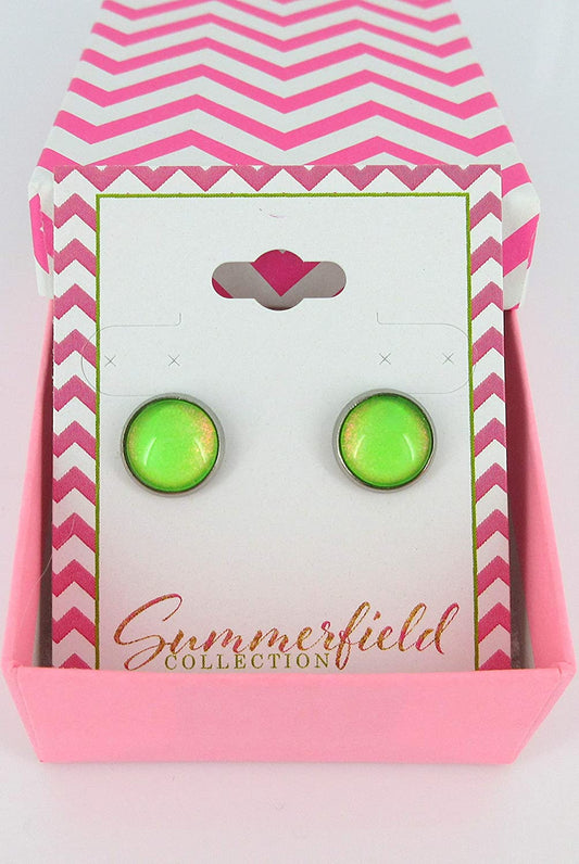 Stainless Steel Neon Green Colorshifting Glitter Glass Stud Earrings Hand-painted 10mm