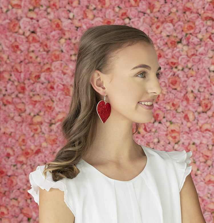 Red Glitter Faux Leather Large Heart Dangle Earrings