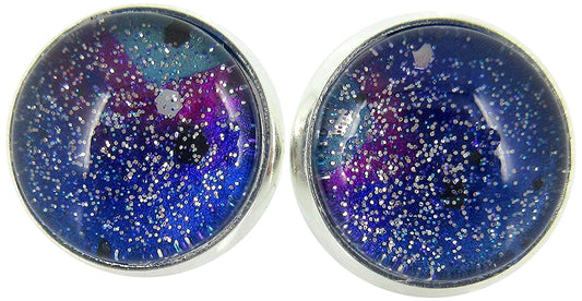 Silver-tone Glitter Glass Galaxy 12mm Stud Earrings Blue Purple Teal