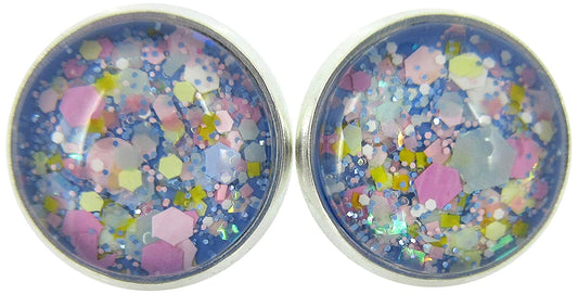 Silver-Tone Blue Pastel Periwinkle Glitter Glass Stud Earrings 1/2" Round