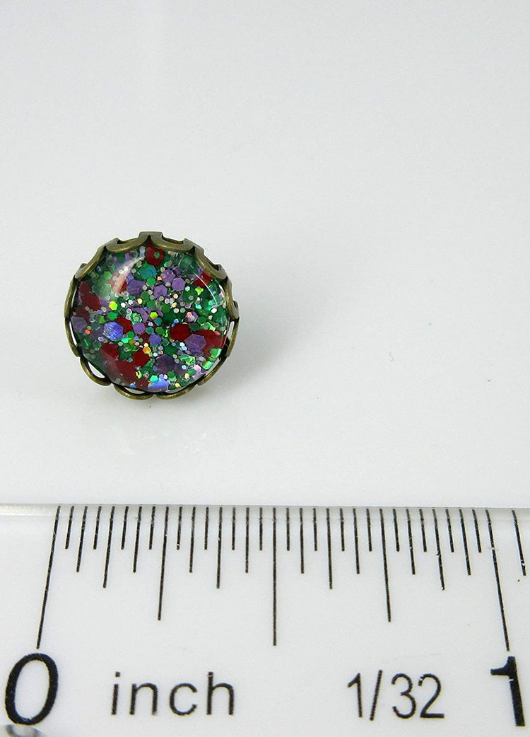 Antiqued Gold-tone Green Purple Red Glitter Glass Stud Earrings Hand-painted 10mm