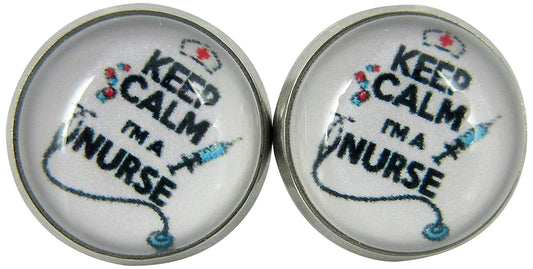 Stainless Steel Keep Calm I'm a Nurse Print Glass Stud Earrings 12mm White Black Red