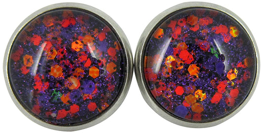 Stainless Steel Purple Orange Glitter Glass Stud Earrings Hand-painted 12mm