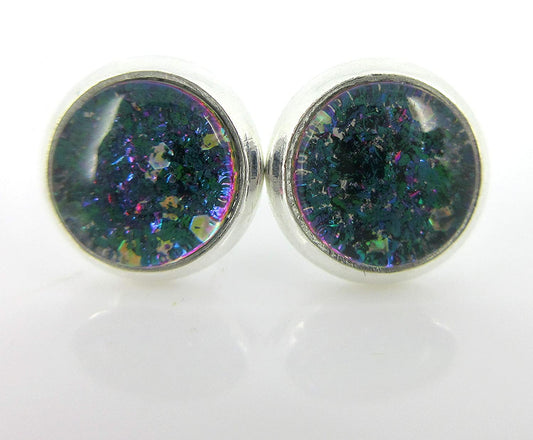 Silver-tone Aqua Blue and Purple Glitter Glass Stud Earrings Hand-painted 8mm