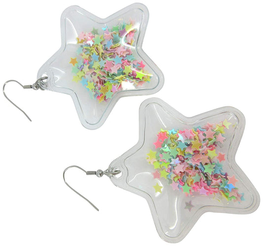 Multi Color Confetti Glitter Shaker Large Star Dangle Earrings Stainless Steel