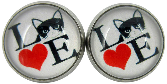 Stainless Steel Love Cats Print Glass Stud Earrings 12mm White Black Red
