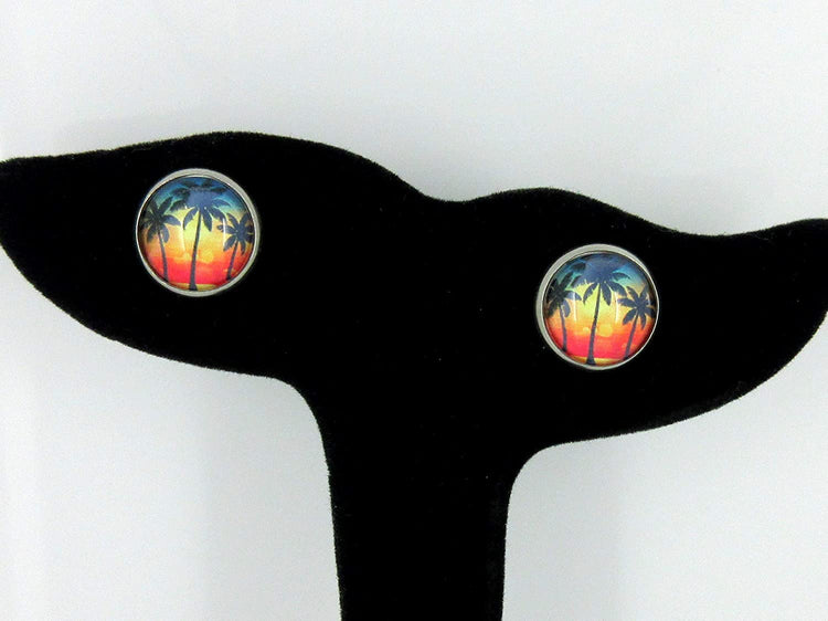 Stainless Steel Tropical Sunset Palm Tree Print Glass Stud Earrings 12mm