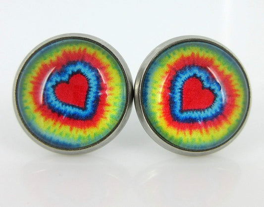 Stainless Steel Heart Tie Dye Print Glass Stud Earrings 12mm