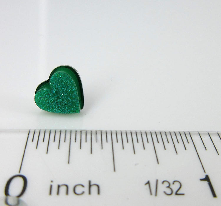 Stainless Steel Teal Blue Green Glitter Acrylic Heart Stud Earrings 8mm