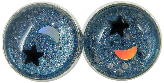 Silver-tone Star and Moon Holographic Glitter Glass Galaxy Stud Earrings Hand-painted 12mm