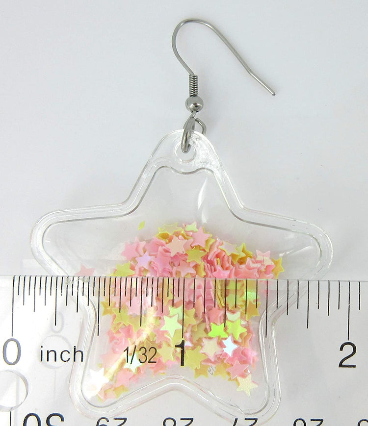 Confetti Glitter Shaker Large Star Dangle Earrings Stainless Steel (Pink/Yellow)