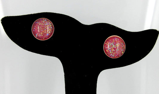 Rose Gold-tone Berry Iridescent Glitter Glass Galaxy Stud Earrings Hand-painted 12mm