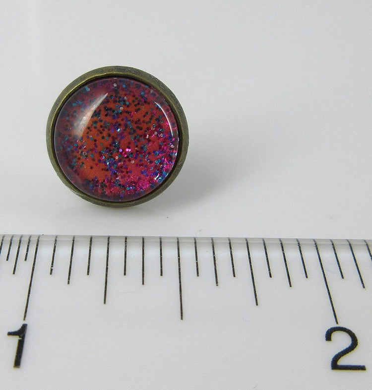 Antiqued Gold-tone Hot Pink and Blue Glitter Glass Stud Earrings Hand-painted 12mm