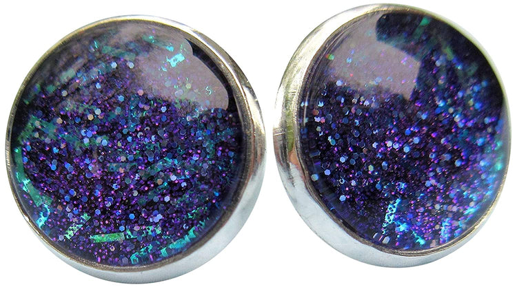 Silver-tone Purple and Blue Glitter Glass Stud Earrings Hand-painted 12mm