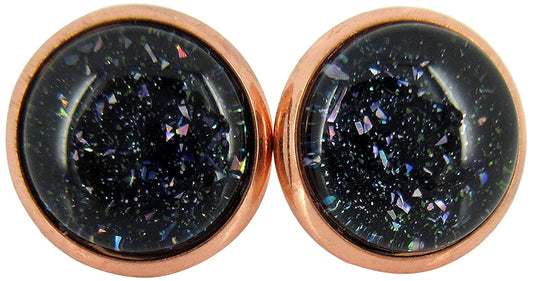 Rose Gold-tone Black and Holographic Flake Glitter Glass Stud Earrings Hand-painted 10mm