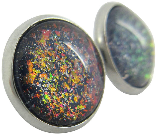 Stainless Steel Gray and Rainbow Holographic Glitter Glass Stud Earrings Hand-painted 12mm