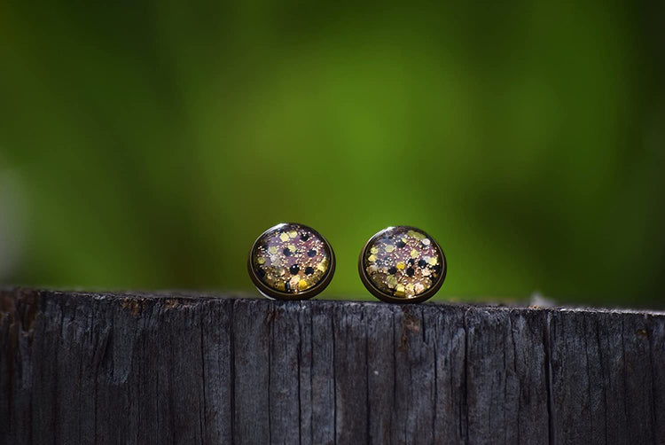 Antiqued Gold-tone Black and Silver Glitter Glass Stud Earrings Hand-painted 12mm