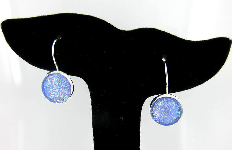 Silver-tone Periwinkle Purple Glitter Glass Lever-back Drop Galaxy Earrings Hand-painted