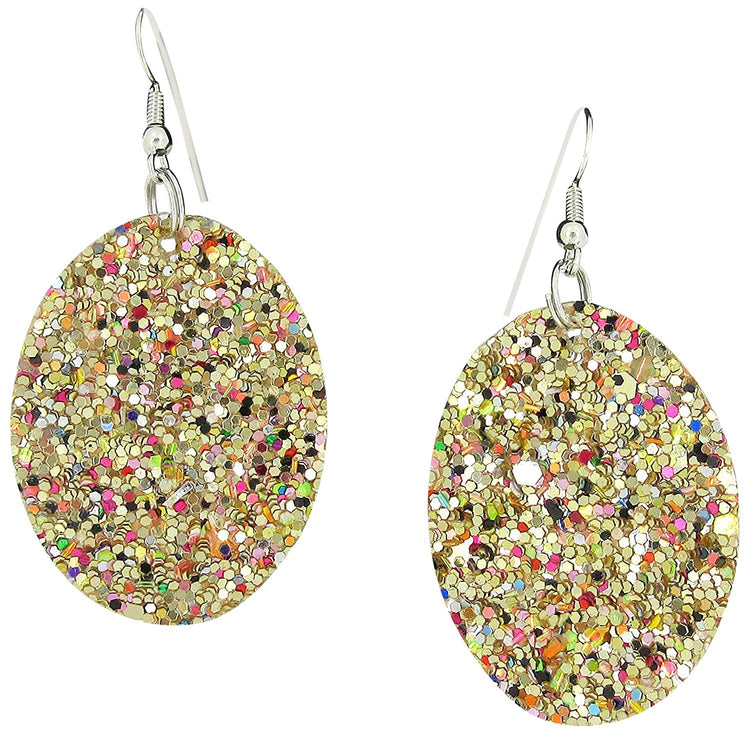 Gold and Rainbow Glitter Faux Leather Oval Dangle Earrings