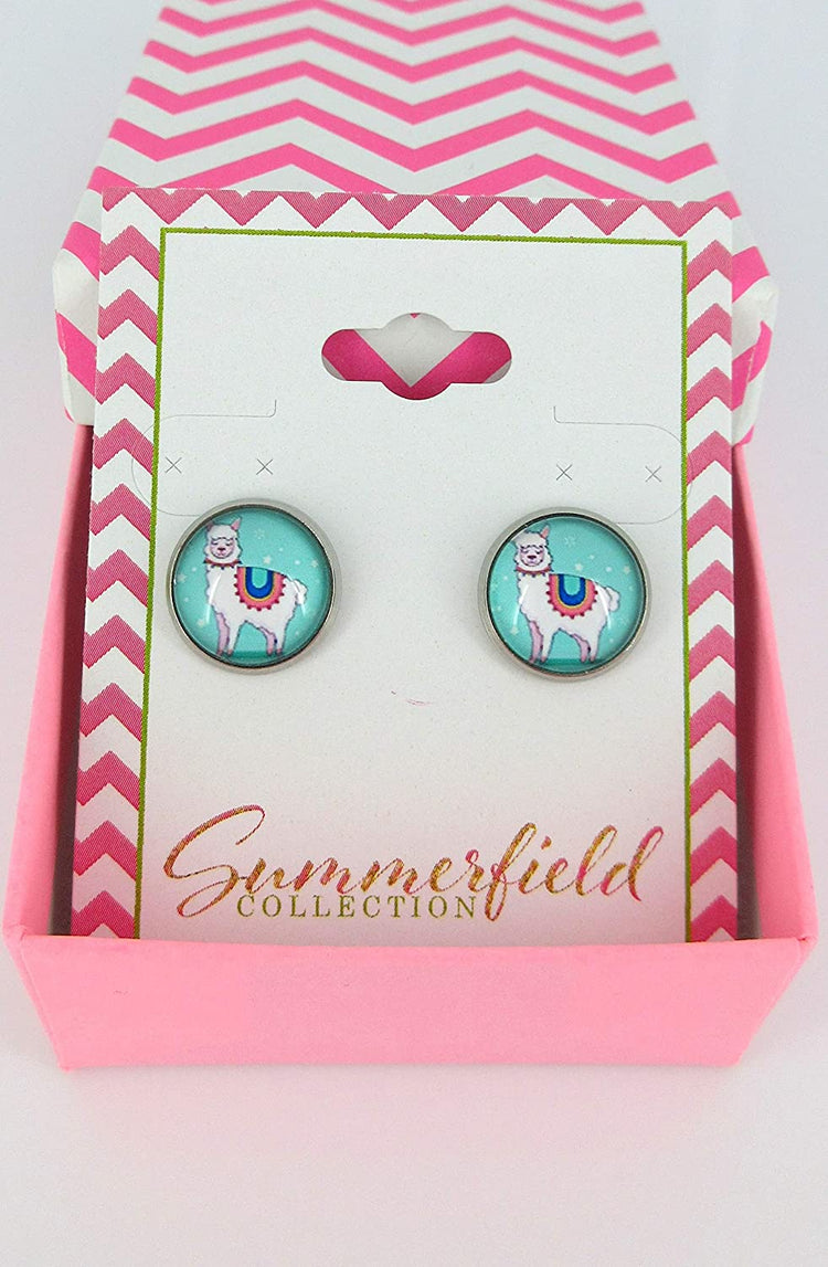 Stainless Steel Teal Llama Print Glass Stud Earrings 12mm