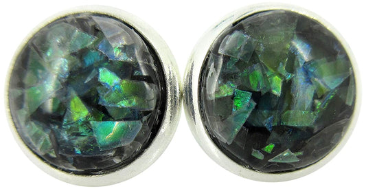 Shiny Silver-tone Black and Opalescent Leaf Resin Stud Earrings 10mm
