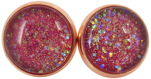 Rose Gold-tone Berry Iridescent Glitter Glass Galaxy Stud Earrings Hand-painted 12mm
