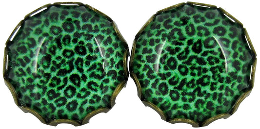 Antiqued Gold-tone Grass Green Animal Print Glass Stud Earrings 12mm