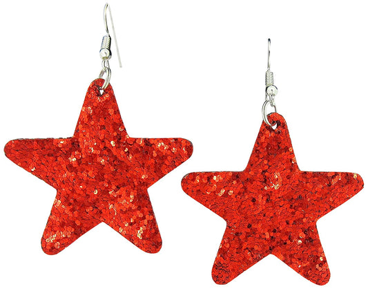 Red Glitter Faux Leather Large Star Dangle Earrings