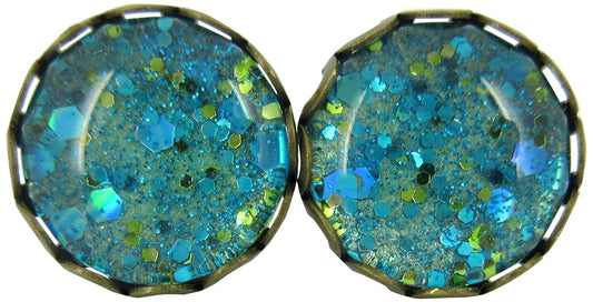 Antiqued Gold-tone Seafoam Green and Blue Glitter Glass Stud Earrings Hand-painted 10mm