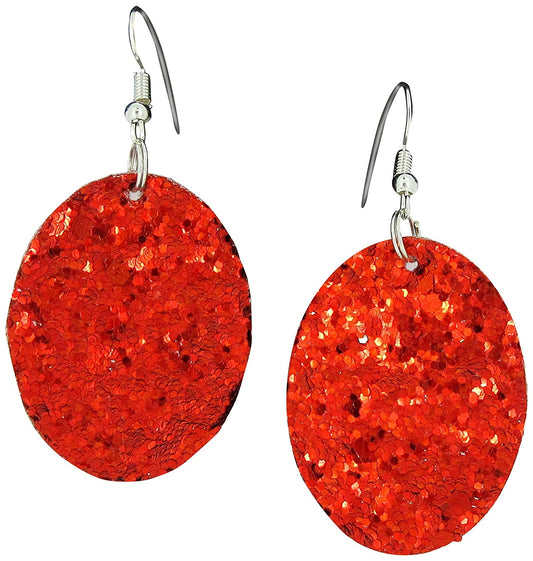 Red Glitter Faux Leather Oval Dangle Earrings