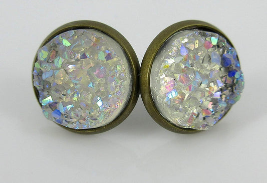 Trio Antiqued Gold-tone Stud Earrings Faux Druzy Stone Clear AB Sea Blue Green Set 12mm