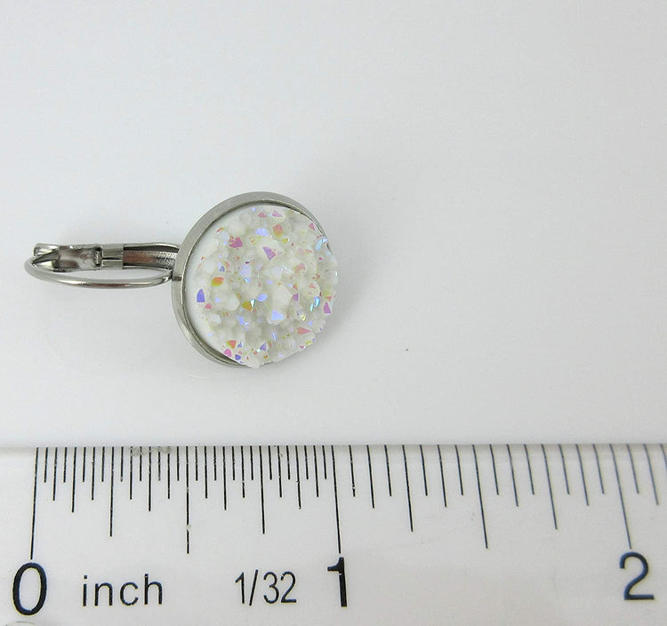 Stainless Steel White AB Faux Druzy Stone Lever-back Drop Earrings 14mm