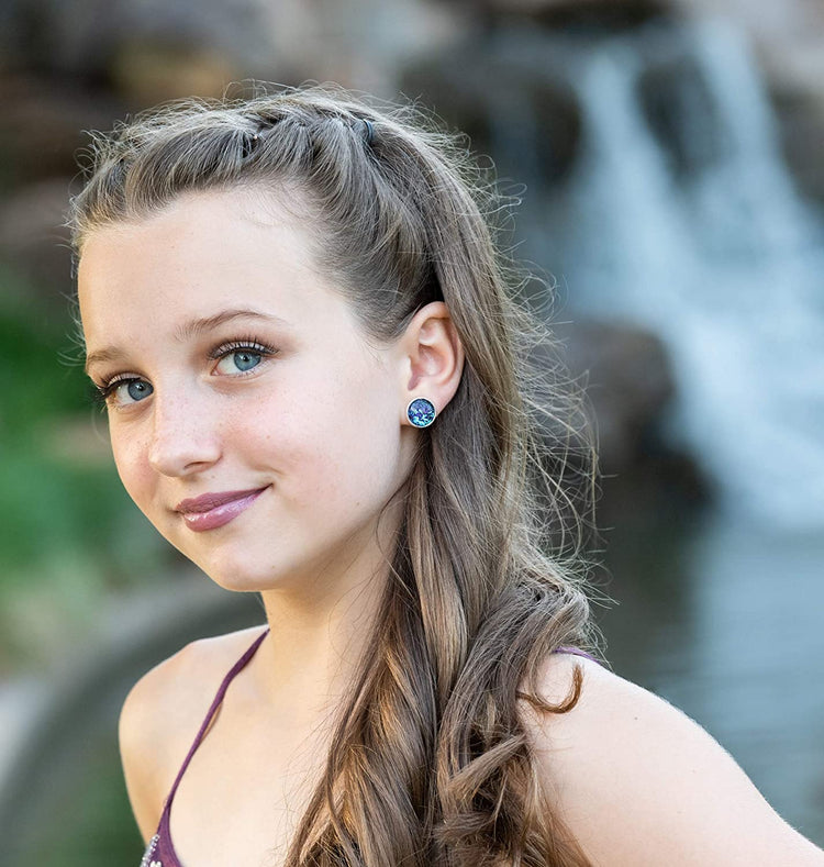 Silver-tone Purple and Blue Glitter Glass Stud Earrings Hand-painted 12mm