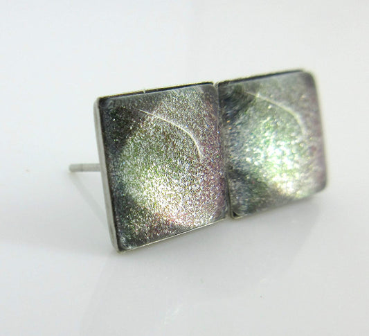 Stainless Steel Charcoal Gray Purple Green Glitter Glass Stud Earrings Hand-painted Square 10mm