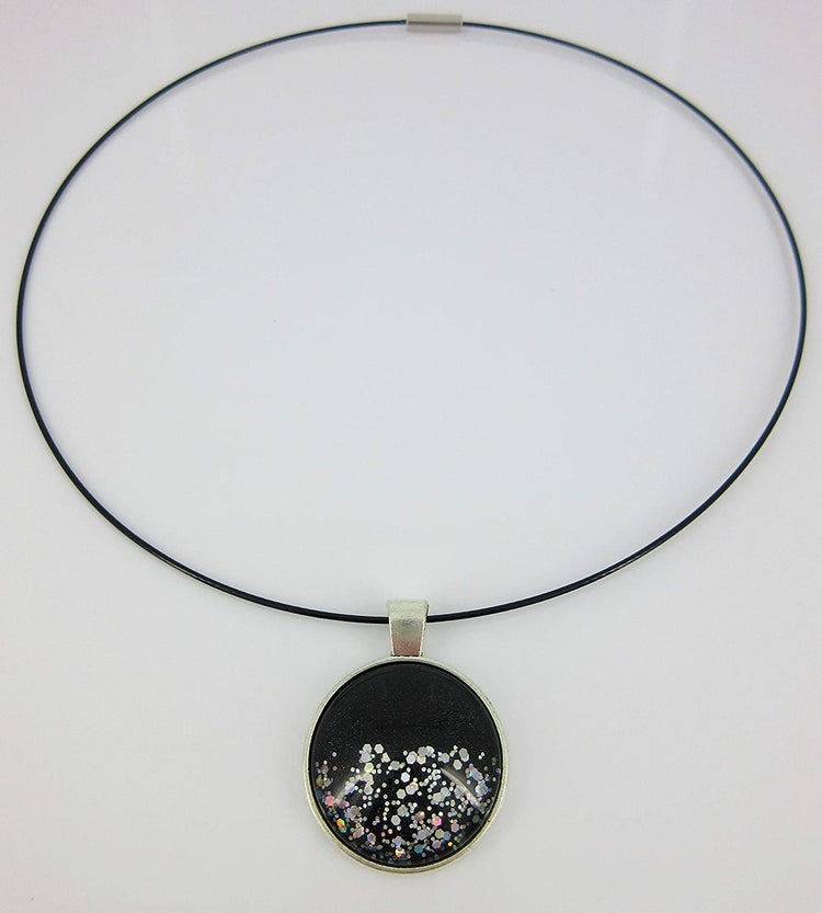 Silver-Tone Black and Holographic Glitter Glass Geometric Pendant Necklace Magnetic 18 inch