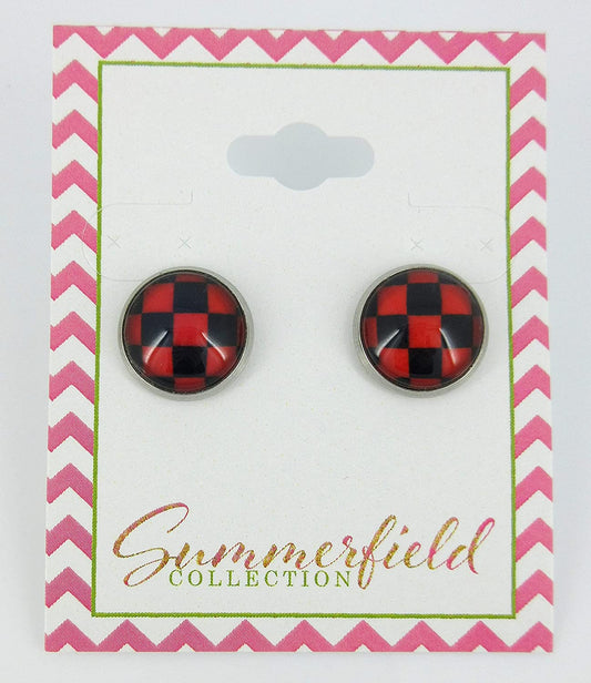 Stainless Steel Red and Black Checkerboard Print Glass Stud Earrings 12mm