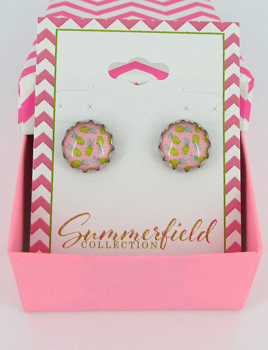 Stainless Steel Pink Pineapple Print Glass Stud Earrings 12mm