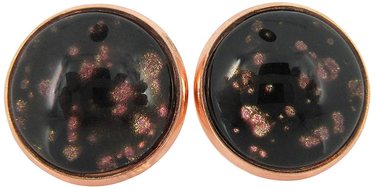 Rose Gold-tone Black Spotted Glitter Glass Stud Earrings Hand-painted 12mm