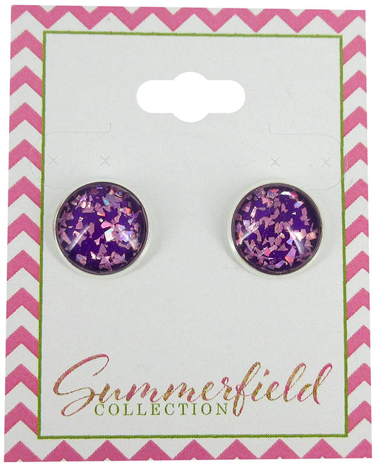 Silver-tone Purple Shard Glitter Glass Stud Earrings Hand-painted 12mm